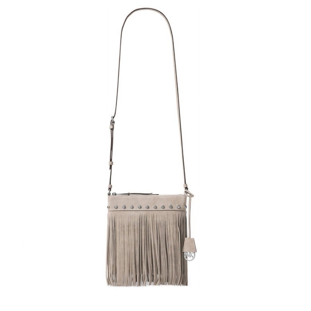 Michael Kors Grey Cement Suede Billy Fringe Purse